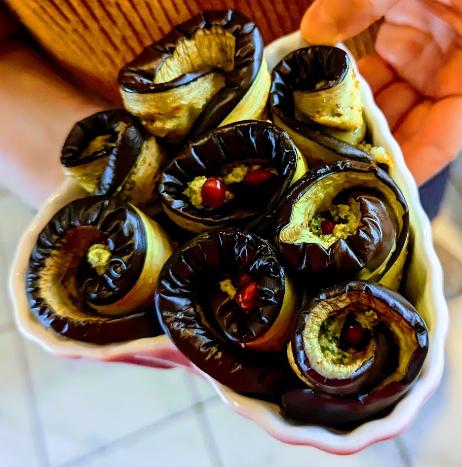 Eggplant stuffed with walnut and pomegranate in a heart.