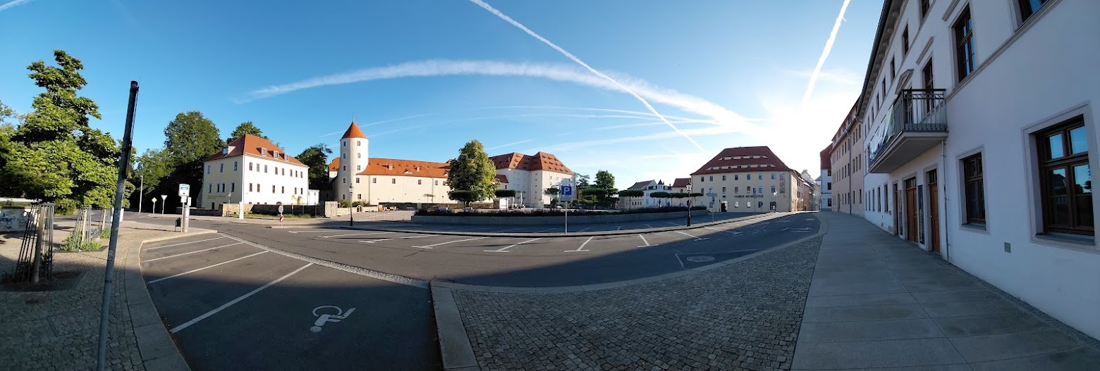 Panorama view of a castle in the early morning hours.