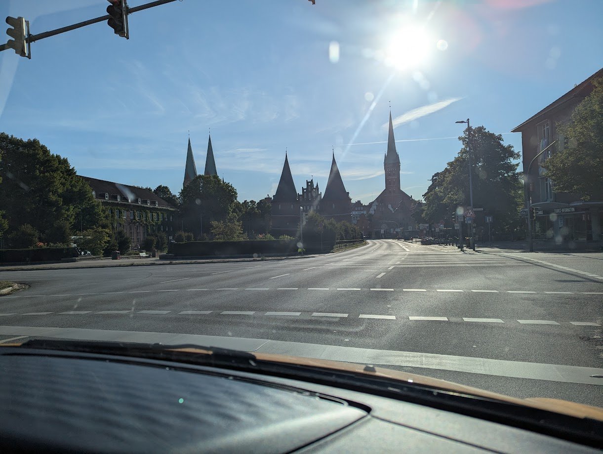 View from the car to the Holstentor in Lübeck.